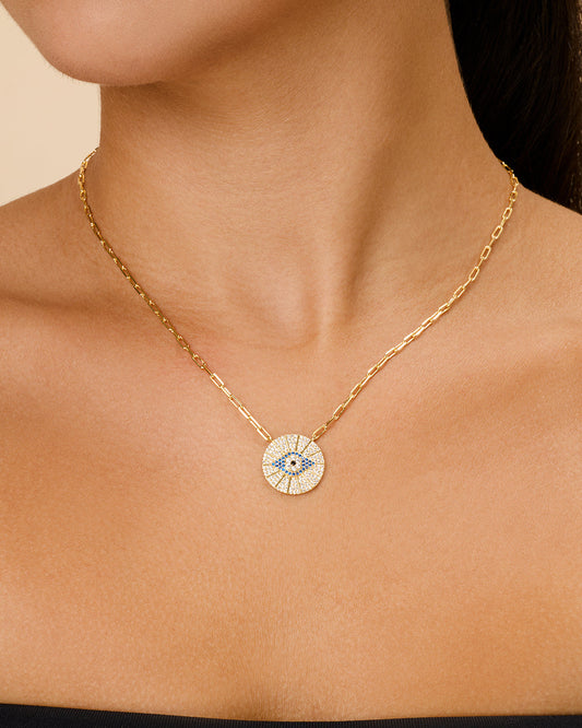 CZ Evil Eye Disk Pendant Gold Necklace