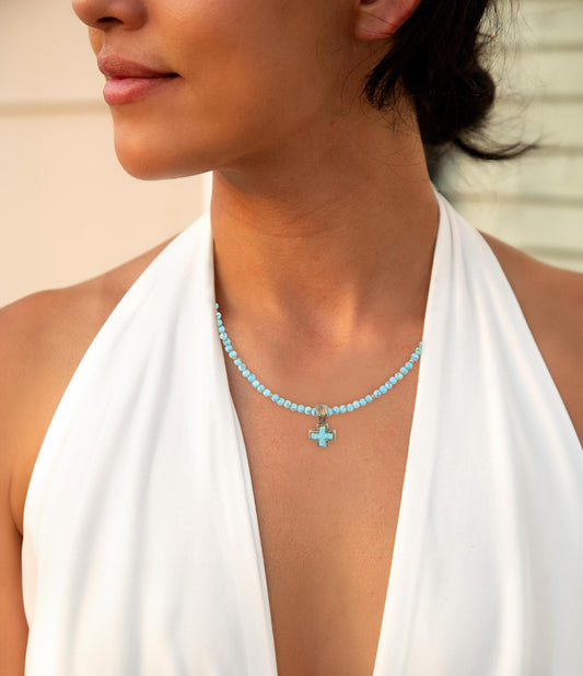 Blue Turquoise Cross Golden Pendant Pearl Necklace
