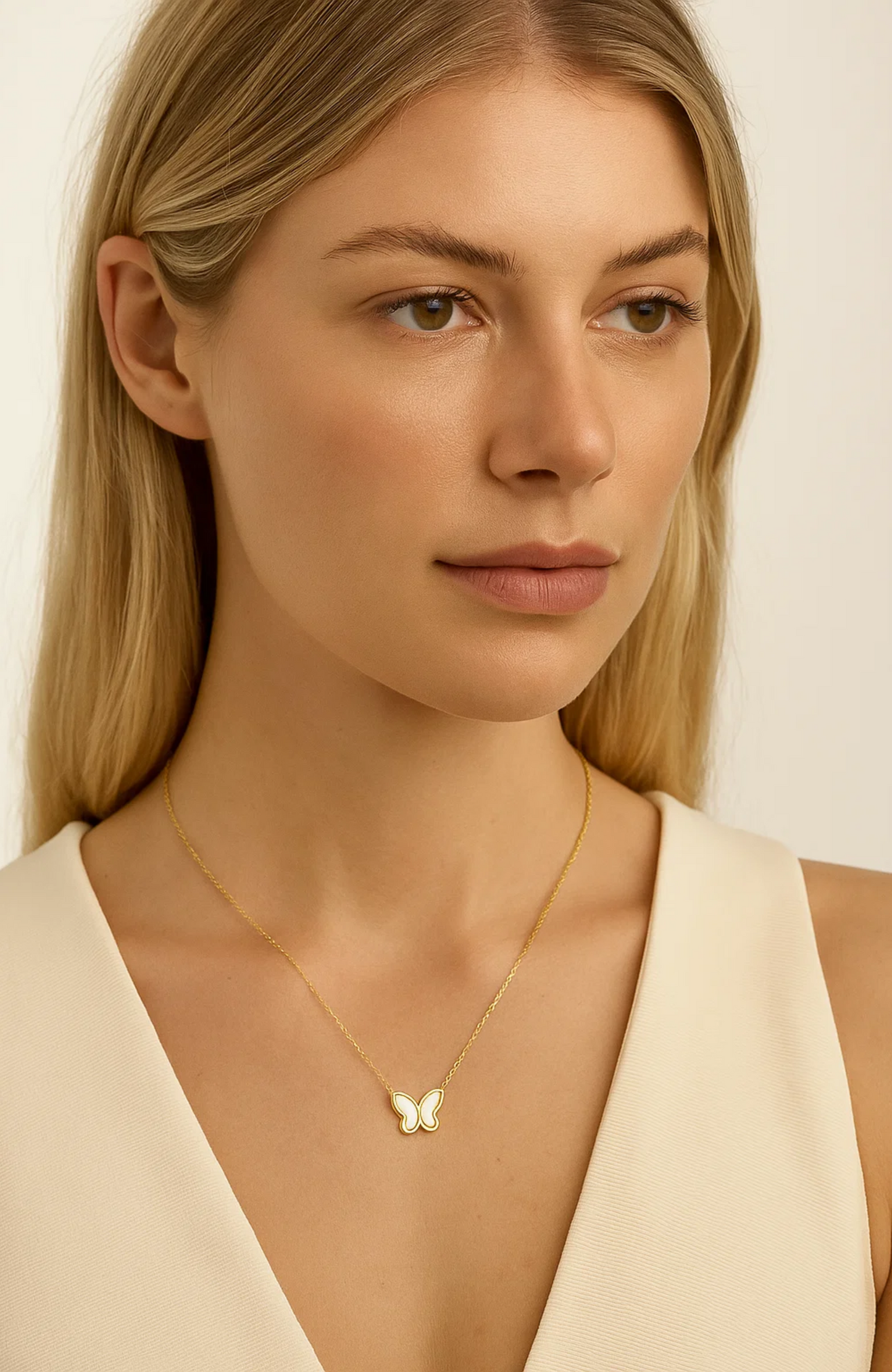Butterfly Pendant Gold Necklace with Mother of Pearl Inlay