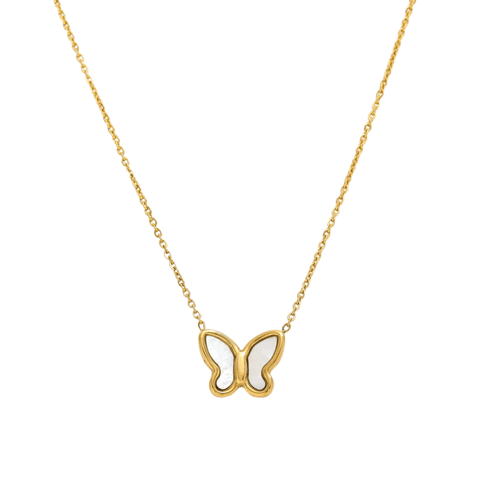 Butterfly Pendant Gold Necklace with Mother of Pearl Inlay