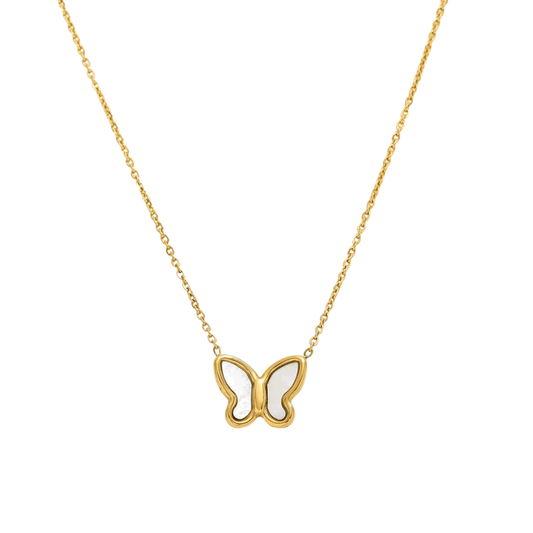 Butterfly Pendant Gold Necklace with Mother of Pearl Inlay