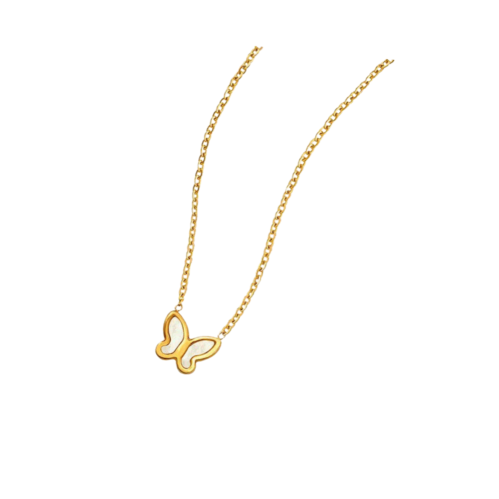 Butterfly Pendant Gold Necklace with Mother of Pearl Inlay