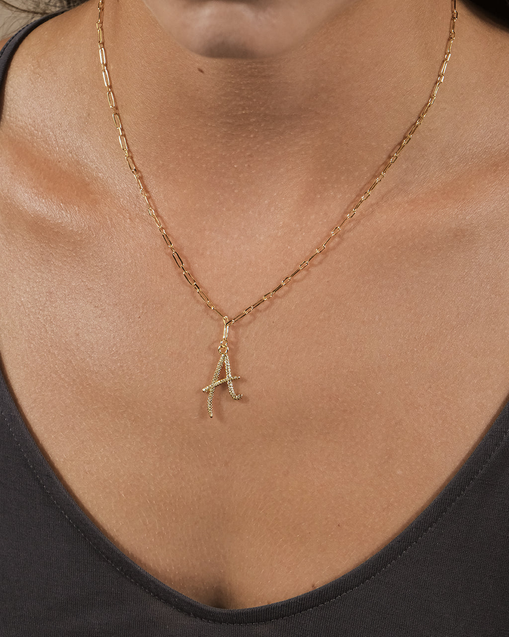 Textured Initial Charm Pendant Gold Necklace
