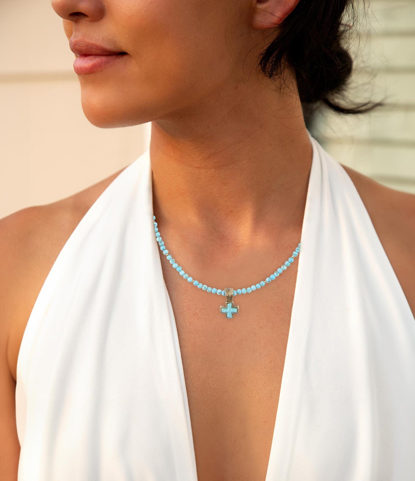 Blue Turquoise Cross Golden Pendant Pearl Necklace