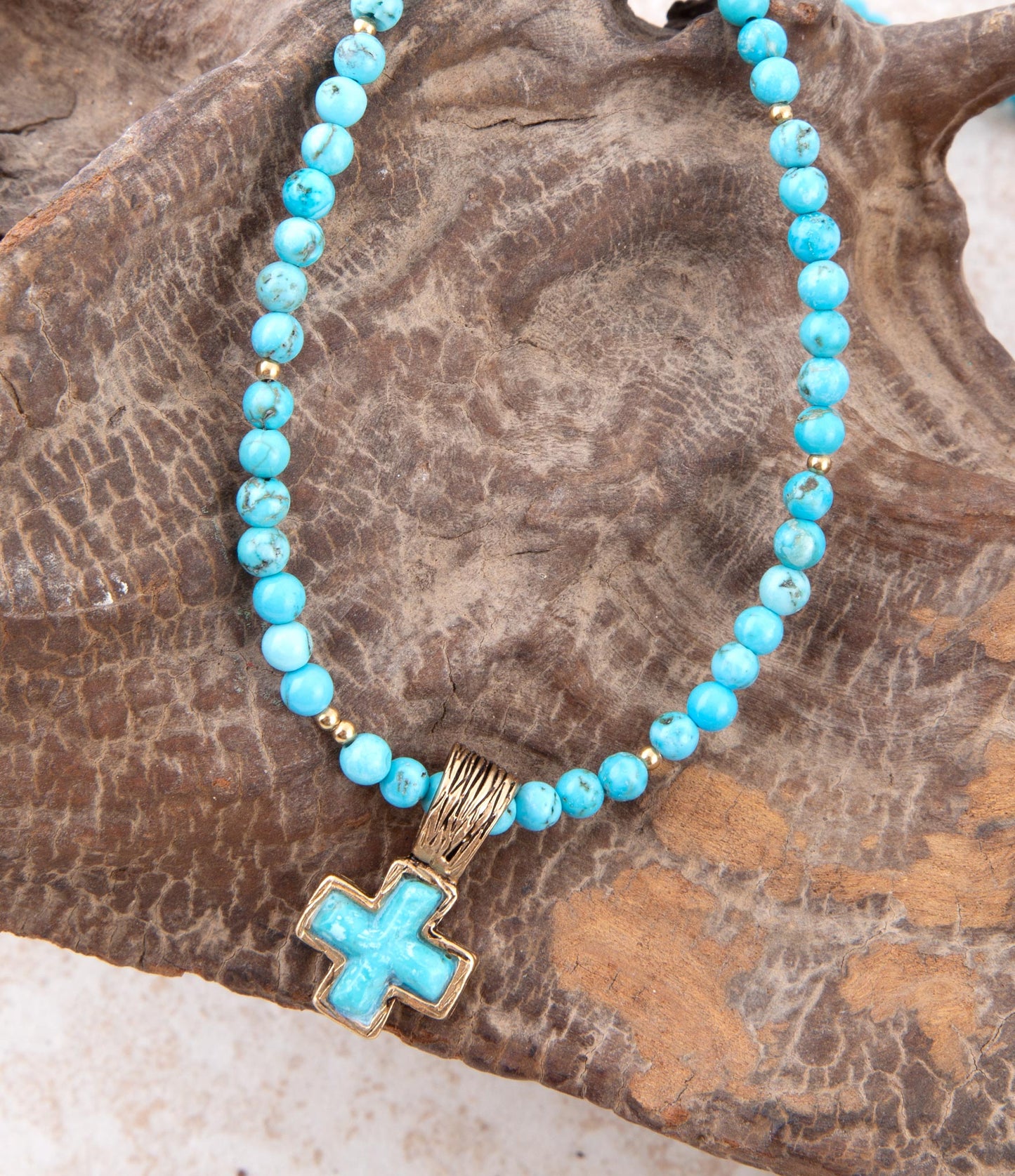 Blue Turquoise Cross Golden Pendant Pearl Necklace